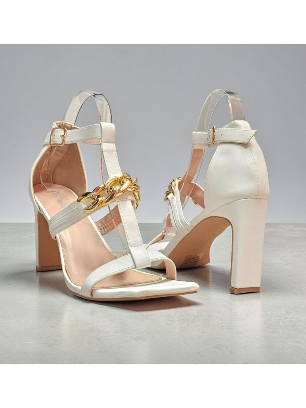White Block Heel Sandals With Gold Chain Accent T-Strap & Adjustable Buckle Clos - Picture 2 of 13